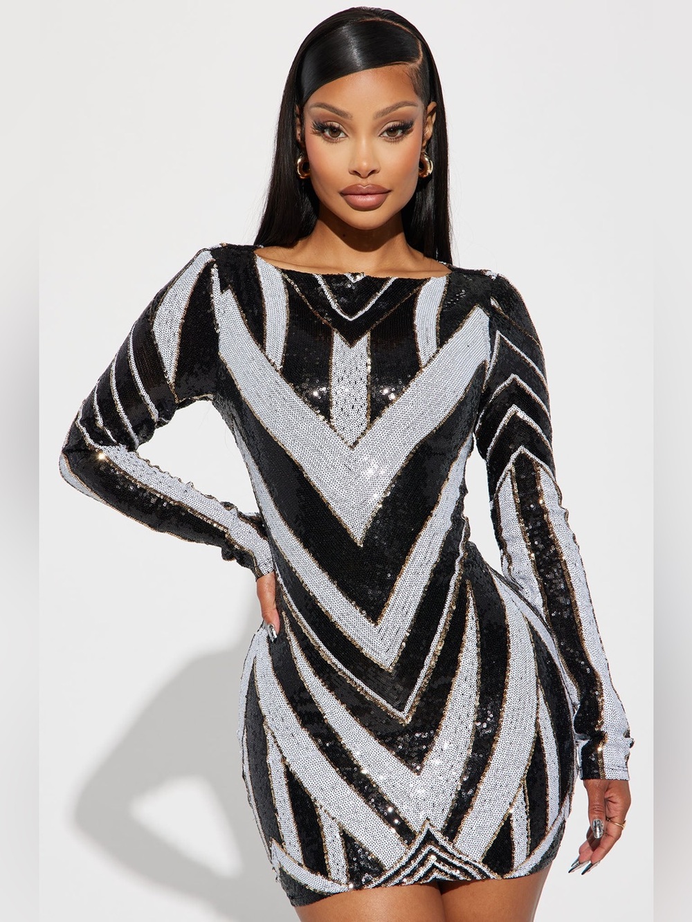Fashion Nova ARYA Black & Silver Sequin Long Sleeve Chevron Mini Dress